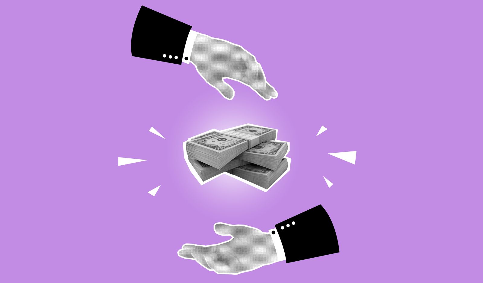 Deux mains en costume se tendent vers des piles d'argent placées au centre, sur un fond violet uni avec des lignes d'accentuation blanches - une image qui représente comment négocier son salaire en toute confiance.